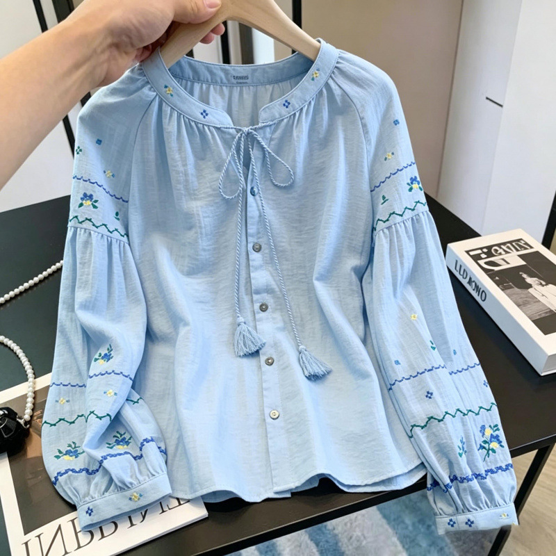 2026 Spring New Style Round Neck Tie Long-Sleeve Shirt, Gentle Style, Slimming Embroidered Shirt with Lantern Sleeves 2026 Spring New Style Round Neck Tie Long-Sleeve Shirt, Gentle Style, Slimming Embroidered Shirt with Lantern Sleeves