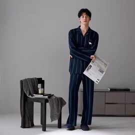 睡衣男士春秋季高级感长袖长裤方领条纹纯棉开衫可外穿家居服套装