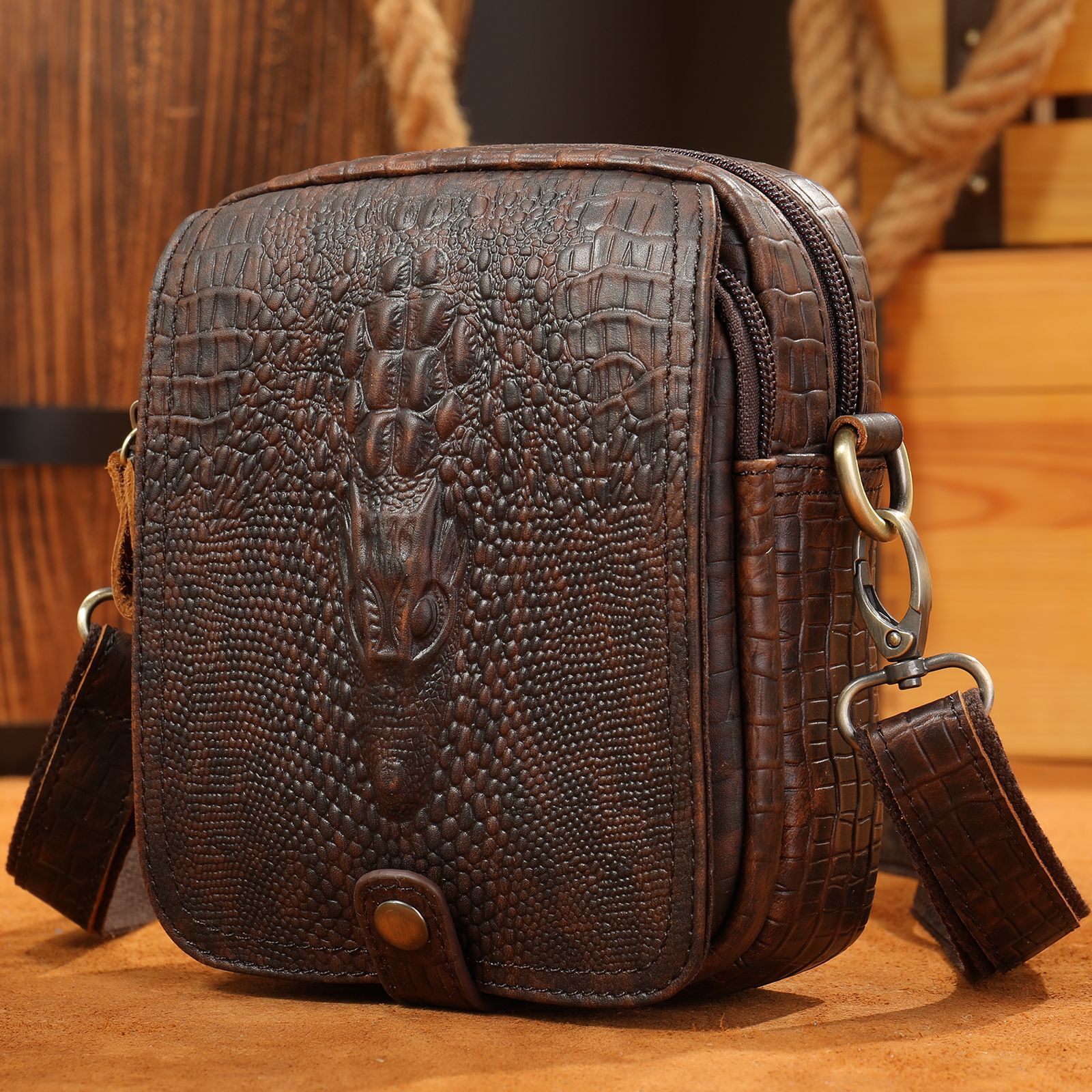 Herren-Umhängetasche aus echtem Leder, Retro-Krokodilprägung, hochwertiges Rindsleder, Schwarz/Braun, lässige Schultertasche_voghion.com