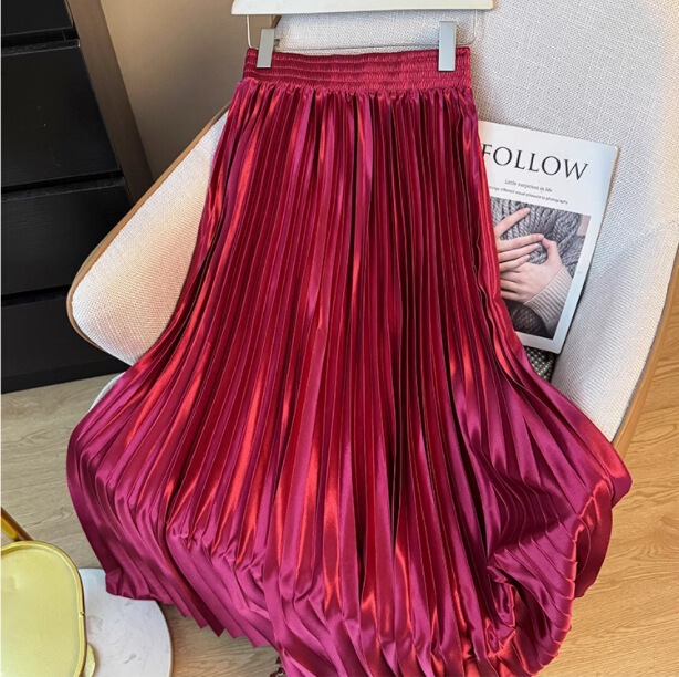 1 m Long Dress Solid Color Glossy Pleated Skirt Women's Winter 2024 New High Waist Draped Large Hip Skirt