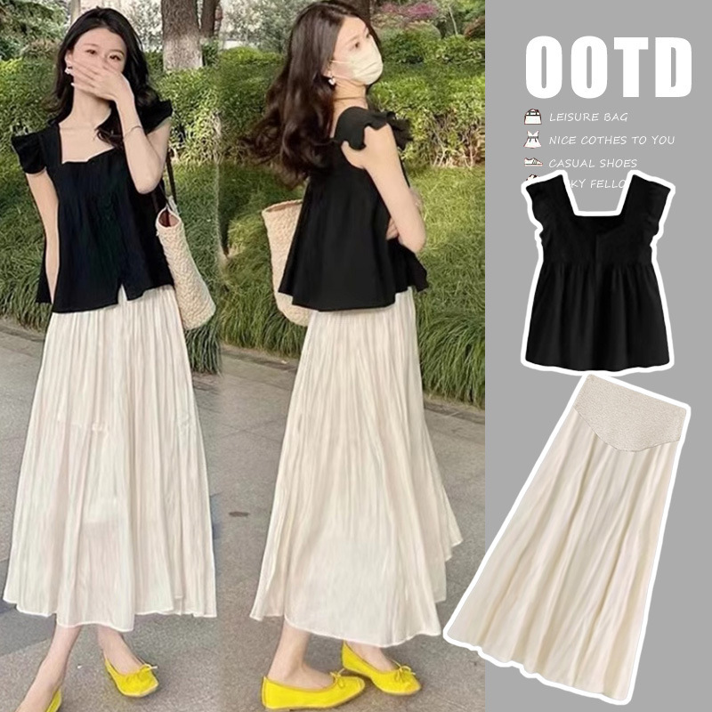 Pregnant Women's 2024 Summer Dopamine Wear Sweet and Chic Small Flying Sleeve Top Women's Matching Half-length Skirt