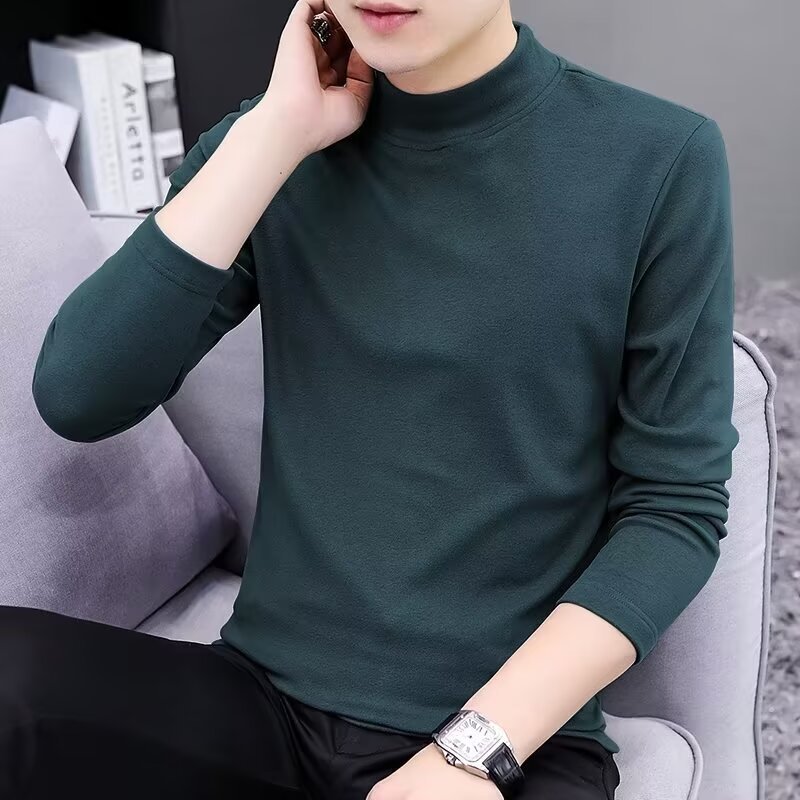 Origen fabricante de manga larga para hombre primavera y otoño nuevo estilo para hombre delgado y versátil camisa de fondo con cuello medio de terciopelo alemán camiseta de color sólido