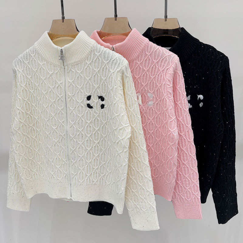 Nanyou's New Arc De Triomphe Embroidered Zipper Stand Collar Knitted Cardigan Simple Twist Sweater Jacket for Women Nanyou's New Arc De Triomphe Embroidered Zipper Stand Collar Knitted Cardigan Simple Twist Sweater Jacket for Women