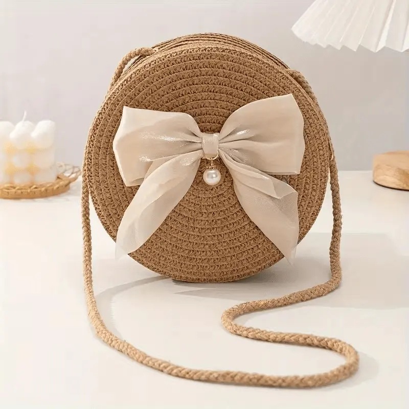 Summer niche straw crossbody bag, shoulder bag with pearl bow, round bag, beach bag, elegant style for women