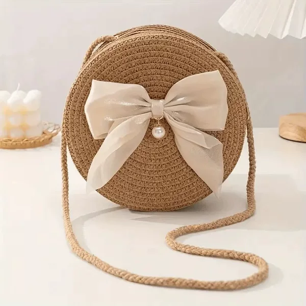 Summer niche straw crossbody bag, shoulder bag with pearl bow, round bag, beach bag, elegant style for women
