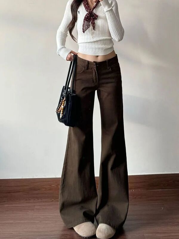 Vintage Coffee-Colored Flared Jeans for Women, New Autumn Style, Low-Waist, Non-Tight Design, Slimming, Versatile, Straight-Leg, Floor-Length Pants