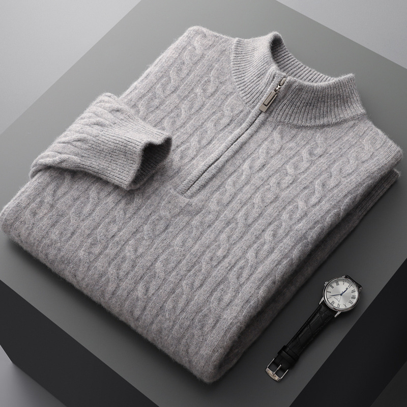 Twist vintage half turtleneck zipper sweater men's autumn and winter long-sleeved shirt loose inner knitted sweater men's