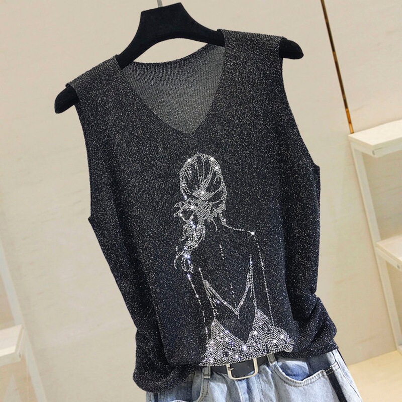 2023 Hot Shiny Sleeveless Vest for Women Spring/Summer V-Neck Loose Heavy Embellished Rhinestone Knitted Top Can Be Worn Outside