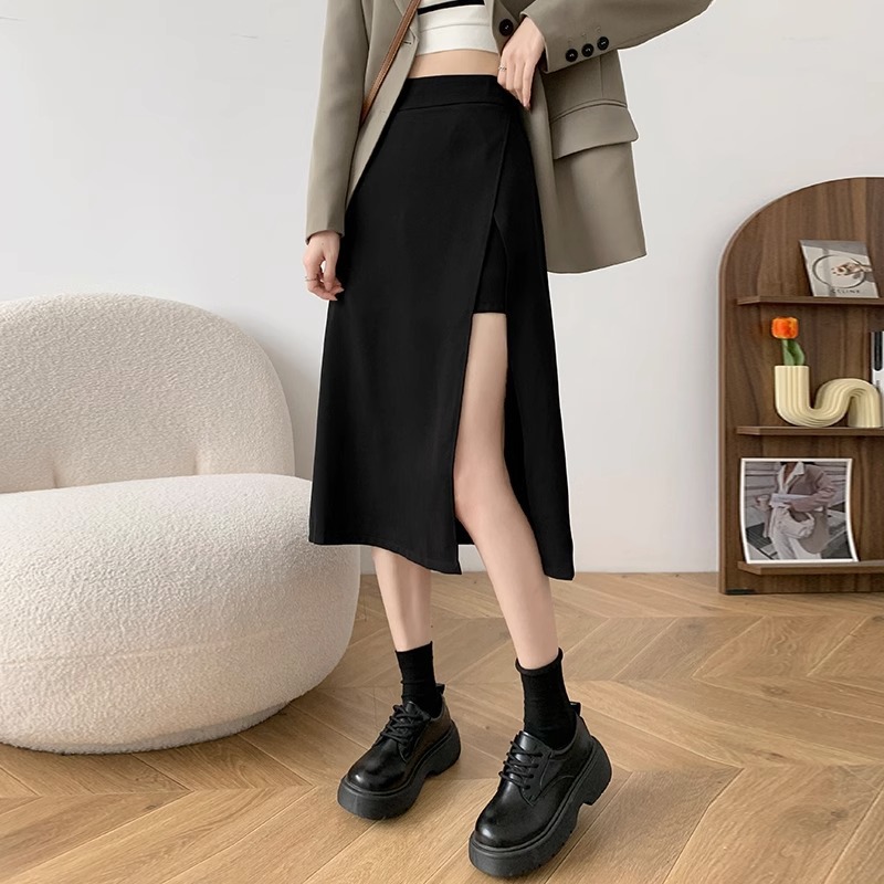 Black skirt for girls 2023 Summer mid-length high waist A- line split hip skirt new slimming one-step skirt