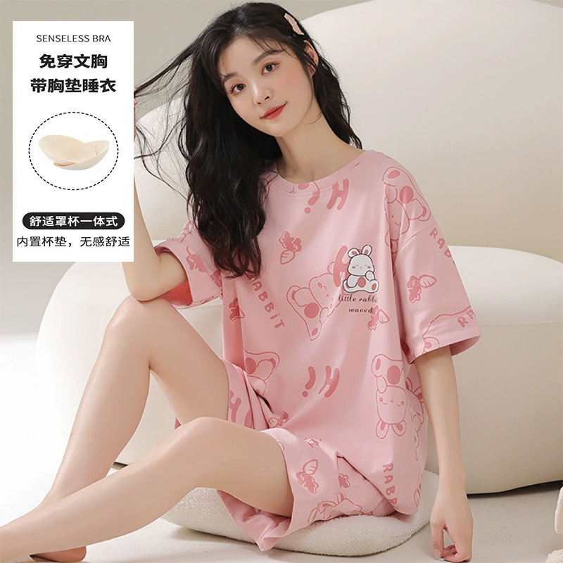睡衣女夏季短袖套甜美带胸垫韩版卡通学生休闲宽松大码宿舍家居服|undefined