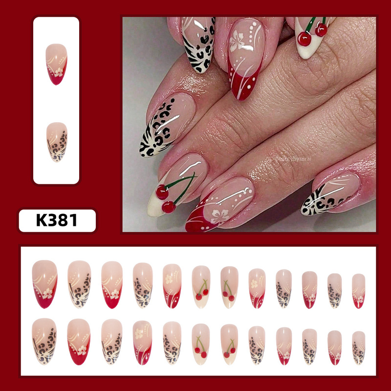 Fashion Cheetah Pattern White Flower Flower Rhinestone Design Almond Wearable Nail Manicure Nail Patch Sticker