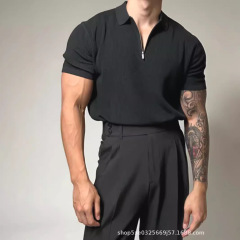 欧米の半ファスナーニットpoloシャツ男修身弾力三分半袖パーカー襟付き袖アイスtシャツ