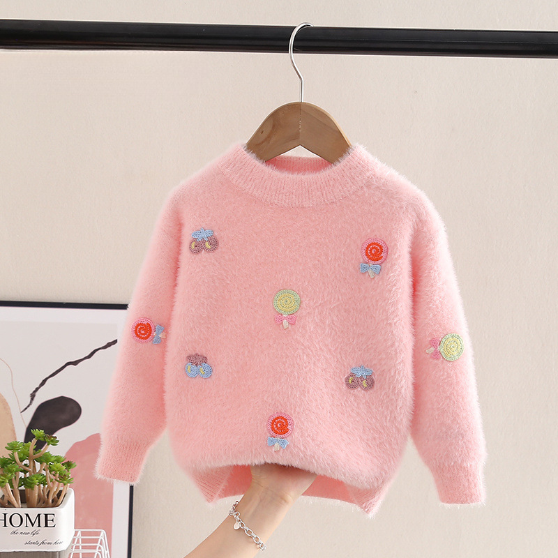 女童毛衣小童水貂绒毛衫冬季新款儿童女童打底衫圆领色毛衣