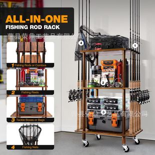 Wooden Fishing Rod Holder Household Fishing Rod Storage and Organization Rack with Rotating Wheel Fishing Supplies Display Storage Rack
