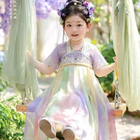 Hanfu Girls Тонкий летний китайский новый древний стиль девушки платье платье с короткими рукавами супер сказочный детский костюм
