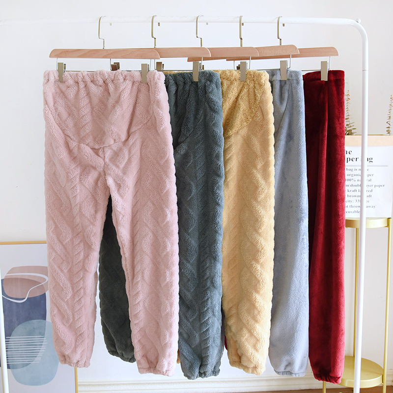 Pregnant Women's Warm Pants Autumn and Winter Thickened Fleece-Lined Flannel Home Long Pants Pajamas Flannel Belly Loose