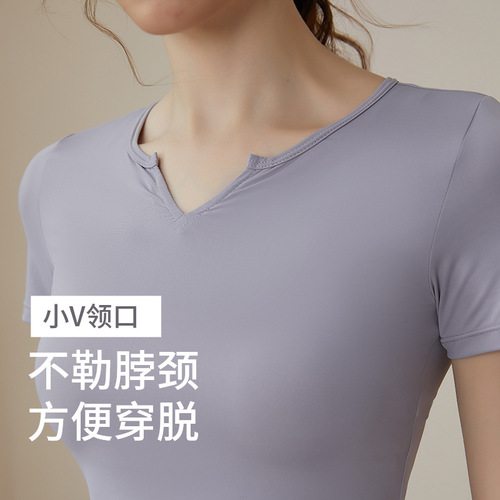 Women's Spring Summer Yoga Top Sexy Fitted Small V-Neck Short Sleeve Sports Fitness Quick-Dry Slimming Fitness T-Shirt
