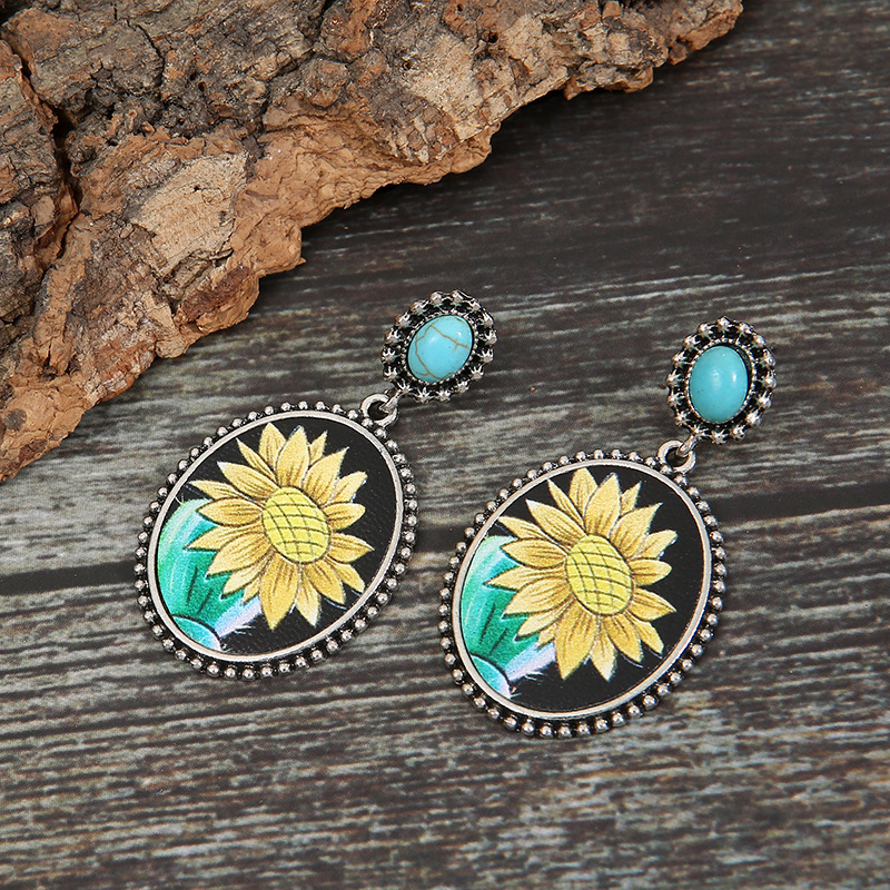 CrossBorder European and American Independent Station Retro Sunflower Turquoise Leather Earrings Foreign Trade Cactus Sunflower Metal Earringspicture4