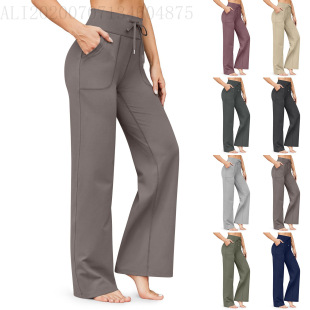 Cross-border Europe and the United States New Women's High Waist Micro Horn Yoga Pants Drawstring Pocket Sports Pants Wide Leg Pants Loose Pants