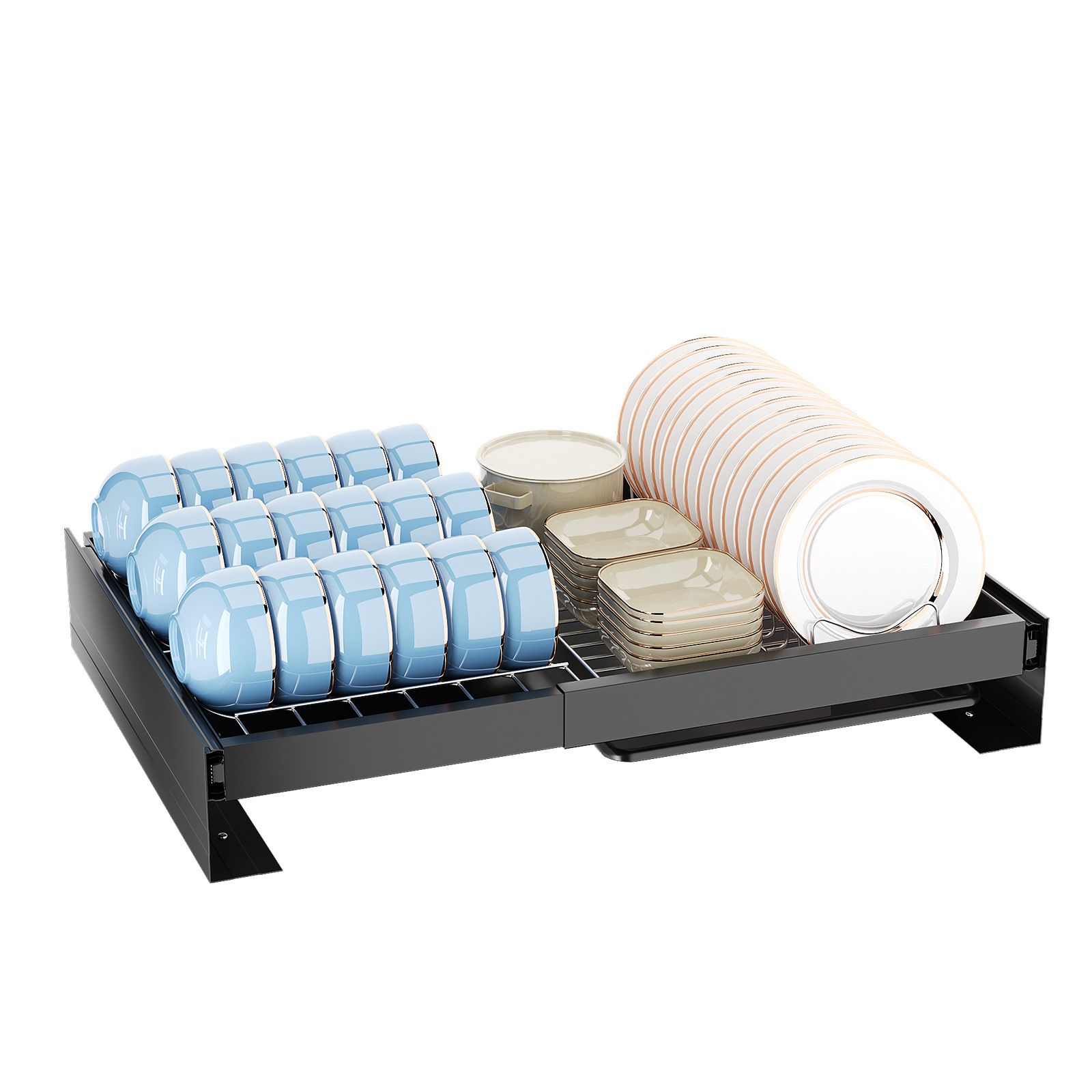 Platos de acero inoxidable bandeja de almacenamiento de platos gabinete de cocina estante incorporado tipo cajón canasta de tracción retráctil de tracción de drenaje