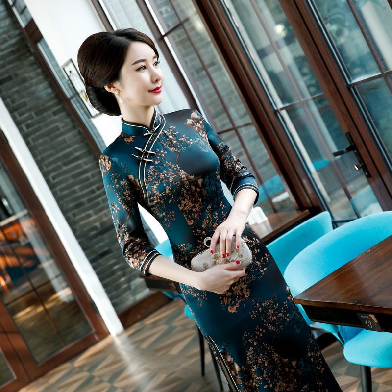 Autumn and Winter new cheongsam long dress women plus size middle-aged and elderly mothers wear ethnic style dress wedding Chinese style