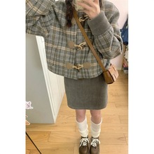 牛角扣格纹毛呢外套女秋冬款小众包臀裙套装少女设计两件套一整套