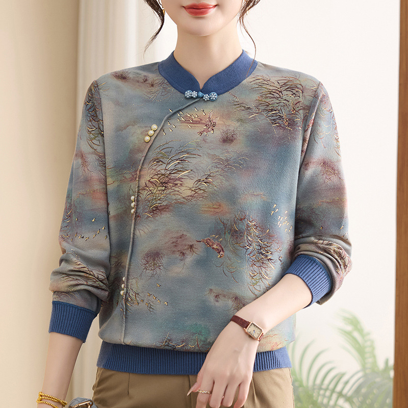 秋季新款妈妈上衣女洋气中老年针织小衫时尚简约印花中年人衣服女|undefined