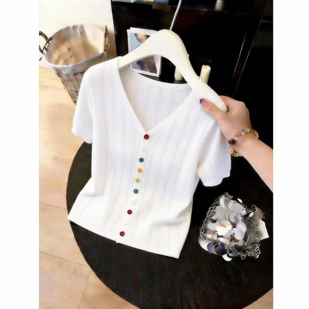 Women's Summer V Neck Hollow Short Sleeve T-Shirt Lightweight Slimming Knitted Cardigan Top New Style_ecoleips.com