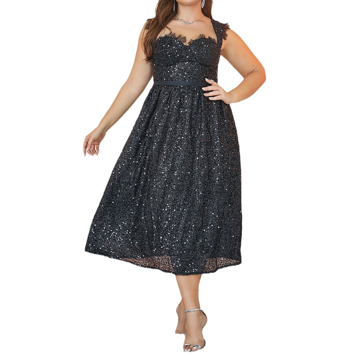 Comercio exterior transfronterizo europeo y americano nueva ropa de mujer deseo Amazon delgado vestido de talla grande vestido de lentejuelas vestido midi