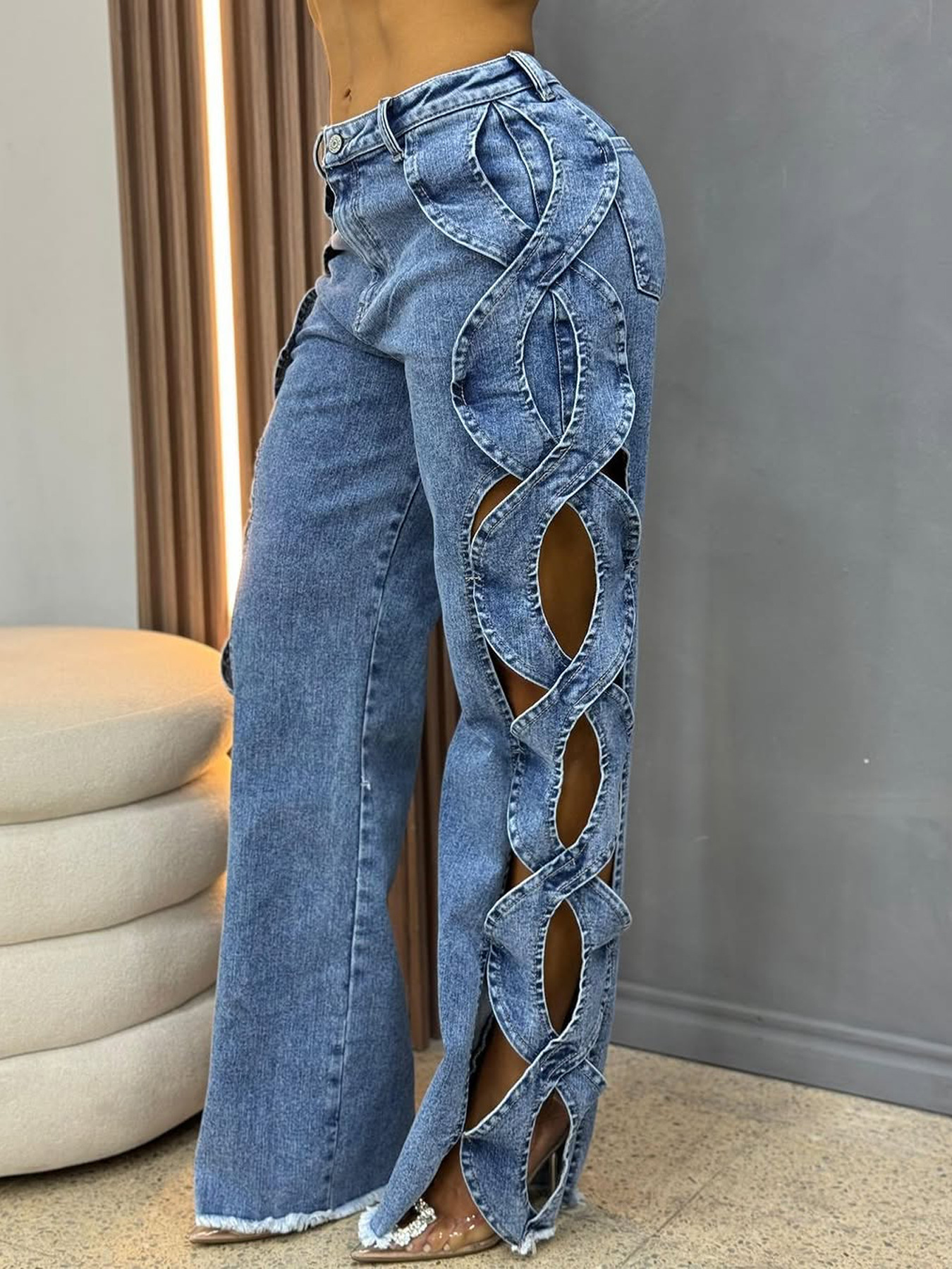 Women's Side Cutout S-Line Denim Pants – Edgy Patchwork Jeans With Distressed Details (Blue/Black-Gray, S-2XL)​_mkmklike.com