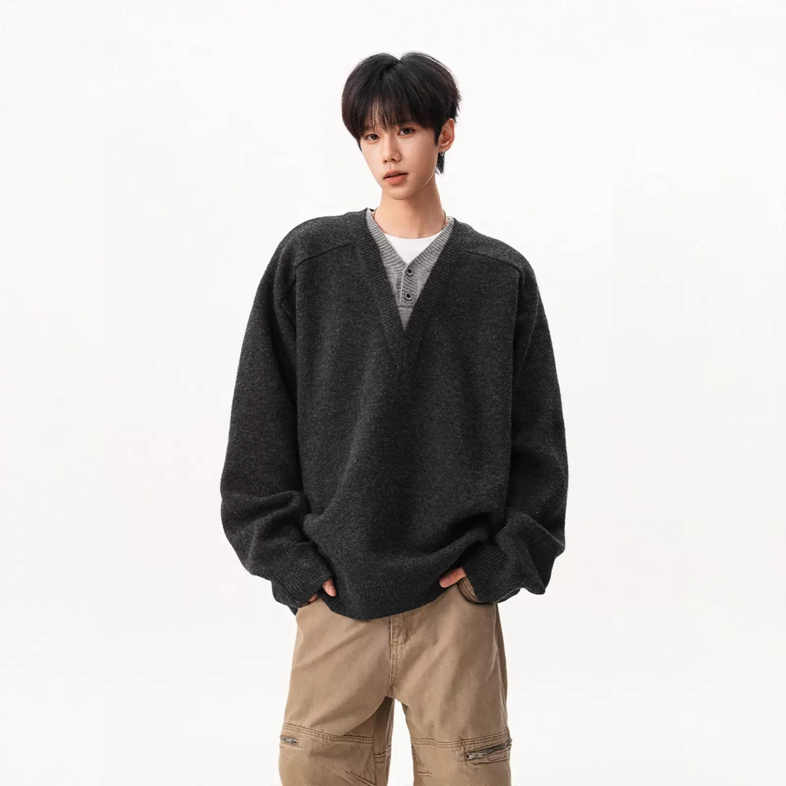 假两件V领针织衫毛衣男秋冬新款复古慵懒风polo套头宽松长袖外套