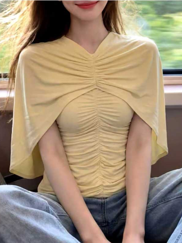 Áo thun nữ thiết kế thắt eo xếp nếp màu vàng phong cách Pháp — màu vàng