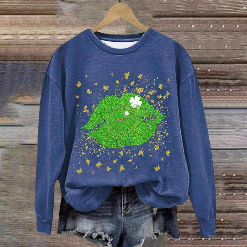 New St. Patrick's Day Clover Wine Glass Pattern Sweatshirt Long Sleeve Loose Top Shirt Round Neck