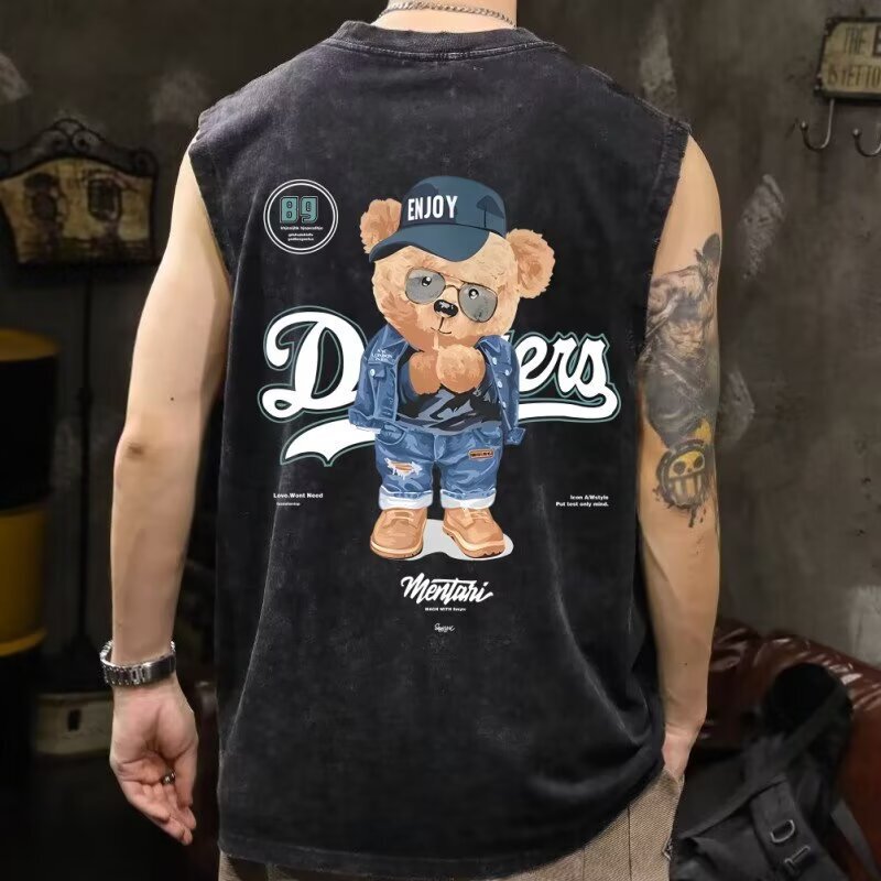 Summer Cross-Border Brandless Milk Silk Vintage Vest Hong Kong Style Fashion Trendy Versatile Cartoon Bear Print Tank Top Summer Cross-Border Brandless Milk Silk Vintage Vest Hong Kong Style Fashion Trendy Versatile Cartoon Bear Print Tank Top