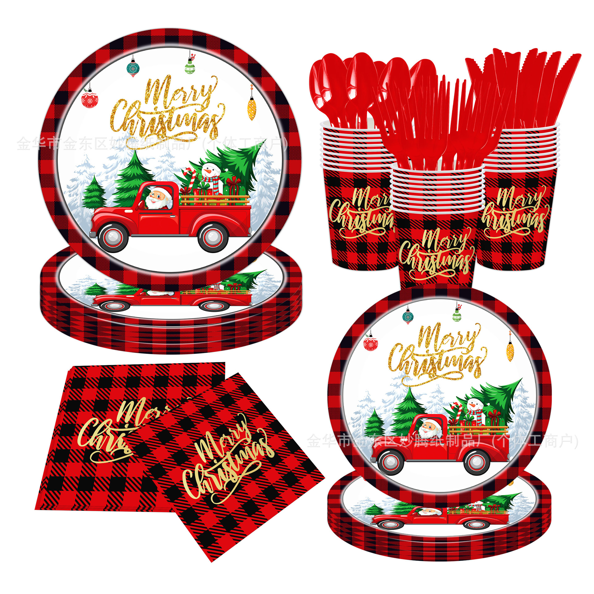 Nuevo conjunto de cubiertos desechables de Navidad, conjunto de platos desechables de papel, toallas de papel, props de fiesta familiar