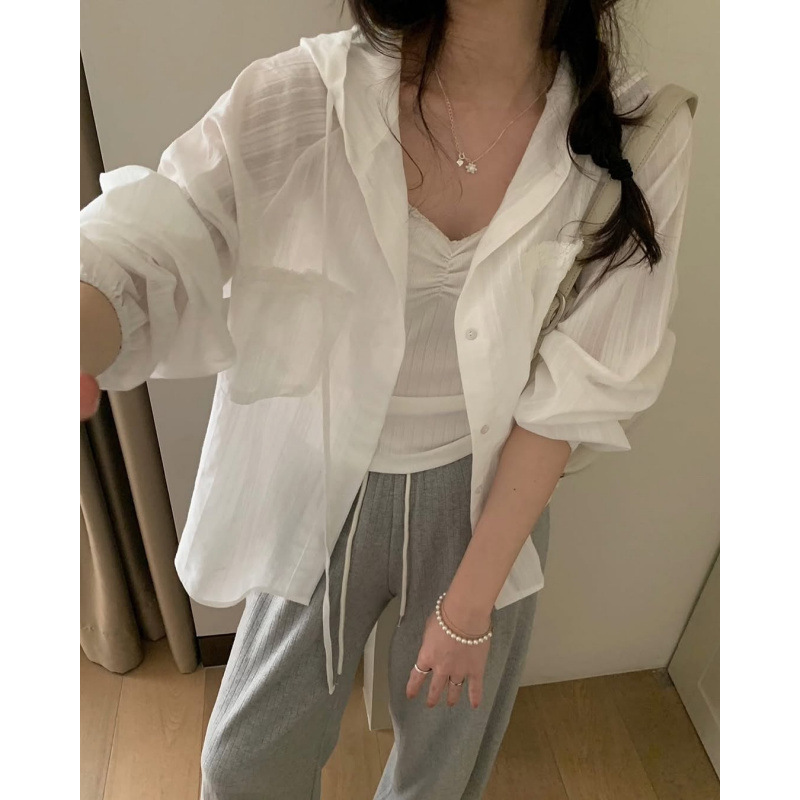 Korean Chic Autumn New Style Simple and Elegant Solid Color Double-Pocket Loose Drawstring Hooded Shirt Jacket for Women
