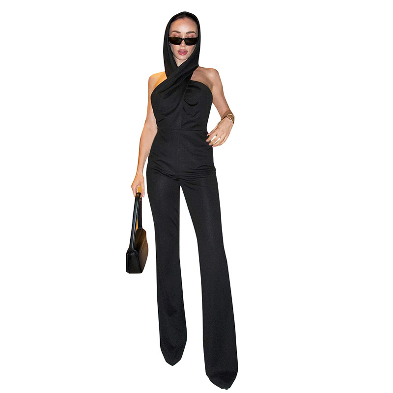 Black Backless Hooded Jumpsuit Women Clothing Sexy Design