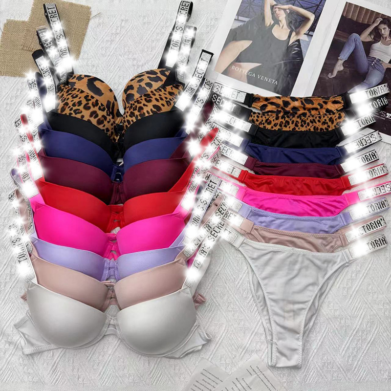 European and American Best-Selling Victoria Lingerie Set with Letter Double Diamond Straps, Comfortable Bra with Underwire, Bikini with Large Leopard Print European and American Best-Selling Victoria Lingerie Set with Letter Double Diamond Straps, Comfortable Bra with Underwire, Bikini with Large Leopard Print