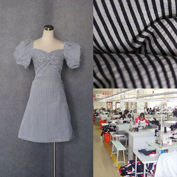 方领泡泡袖条纹纯棉泡泡纱连衣裙 腰部镂空连衣裙定制 来图定制