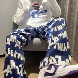 炸街男潮牌春夏季字母宽松大码ins美式满印直筒休闲裤嘻哈裤子潮