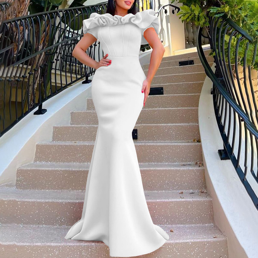 Women's Clothing Fashion Women's Summer Solid Color One Line Collar Fishtail Skirt Long Skirt Evening Dress_voghion.com