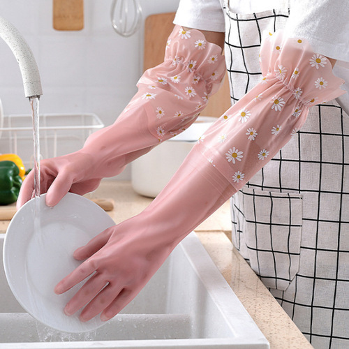 Women's dishwashing gloves thickened housework kitchen durable laundry long gloves plus velvet rubber waterproof household