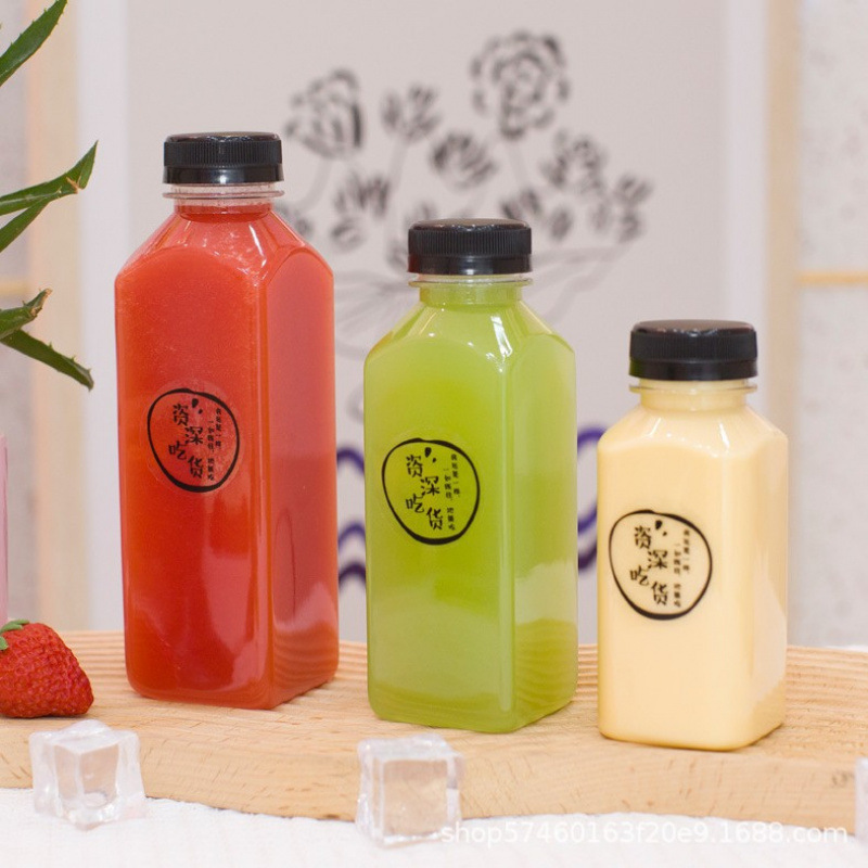 一次性方形果汁瓶商用外卖pet食品级奶茶杯网红外带密封饮料瓶子