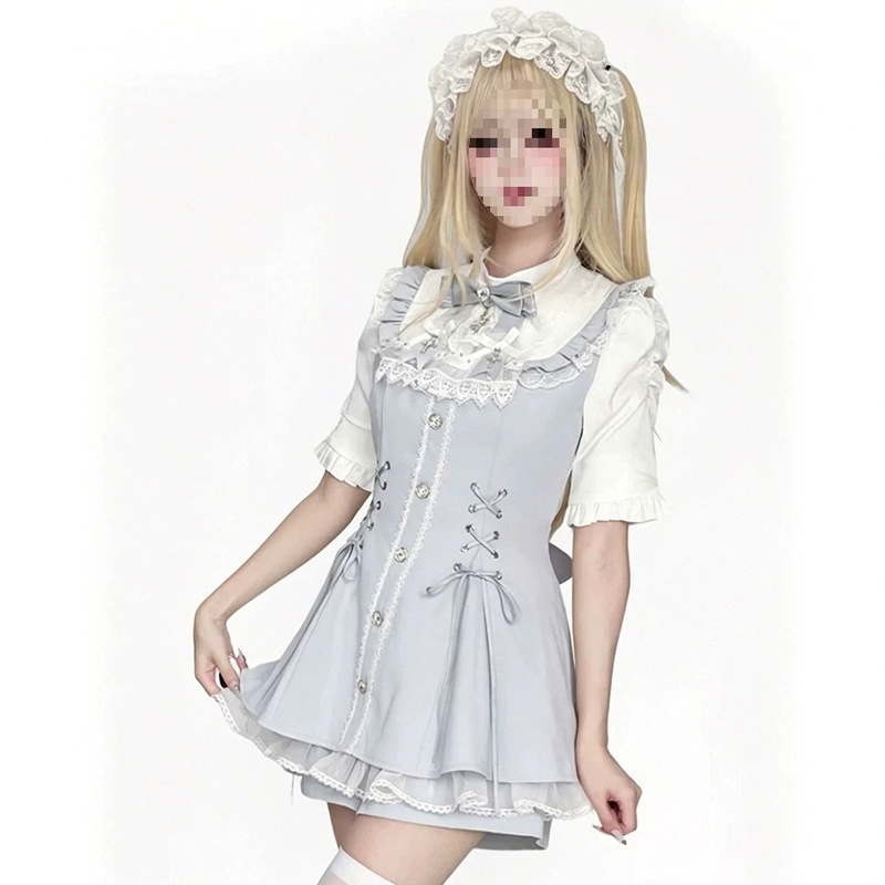Japanese-style Lolita dress set with bib collar, bow tie, waist-cinching, versatile stand-up collar, short-sleeved dress, popular item for women, available for dropshipping Japanese-style Lolita dress set with bib collar, bow tie, waist-cinching, versatile stand-up collar, short-sleeved dress, popular item for women, available for dropshipping