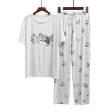 夏季莫代尔新款女士睡衣卡通宠物猫咪圆领短袖长裤家居服套装