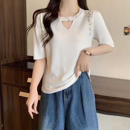 Women's belly-covering hollow ice silk short-sleeved base shirt 2025 summer mm slimming age-reducing foreign-style knitted top