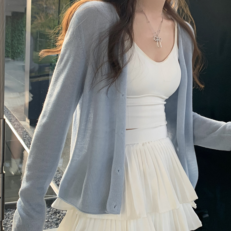 Red Ice Silk Sunscreen Knitted Cardigan Women's Summer Lightweight Small Shawl Outer Strap Tulle Coat Top