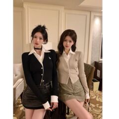 纯欲设计感polo领刺绣气质开衫女秋冬拼接假两件修身短款上衣衬衫