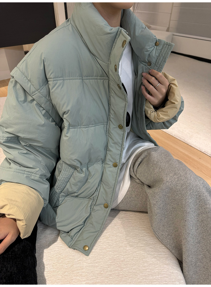 黎诺韩系休闲拼色白鸭绒羽绒服女2024冬季新款立领宽松面包服外套详情13