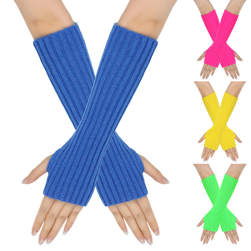 Cross-Border Autumn and Winter Woolen Long Gloves for Men and Women, Fake Sleeves, European and American Half-Finger Fingerless Warm Arm Sleeves, Knitted Gloves, Colorful